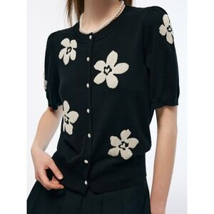 Goelia Cardigan Sweater Size L Black Floral Short Sleeve Silk Blend Pearl Button